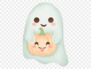 Cute ghost holding pumpkin kawaii spooky Halloween decoration Vector.
