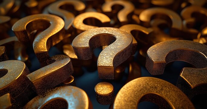 Multiple metallic textured question marks clustered together reflecting light, symbolizing curiosity and uncertainty