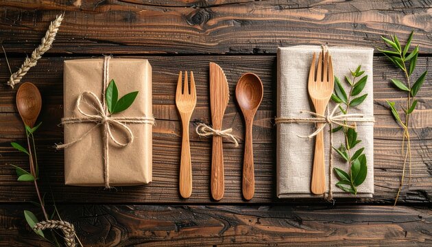 Natural place setting gifts, cutlery, wood background