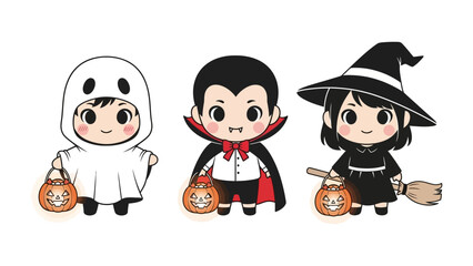Spooky Trio's Halloween: An enchanting illustration of a friendly ghost, a charming vampire, and a cute witch with a classic broom, all ready for trick-or-treating.