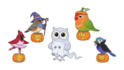 Enchanting Avian Halloween: A delightful collection of birds, each charmingly dressed in whimsical Halloween costumes, perched upon cheerful jack-o'-lanterns, radiating festive cheer. 