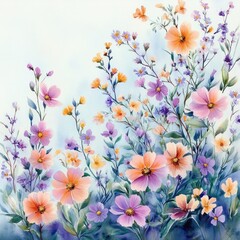 Delicate watercolor painting of assorted pastel flowers with soft pink, purple, and yellow petals surrounded by green leaves on a light background