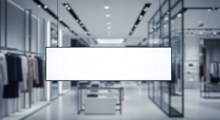 Blank advertising billboard hanging in a modern fashion store, perfect for showcasing new collection and attracting customer attention