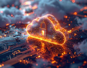 Cloud with padlock on circuit board, glowing orange
