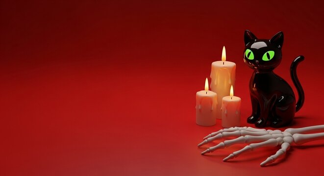 A black cat figurine with glowing eyes sits near lit candles and a skeleton hand against a red backdrop. - Powered by Adobe