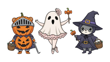 Halloween Friends: Charming illustrations showcase three festive friends dressed in adorable costumes, radiating the spirit of Halloween with cuteness and festive cheer.
