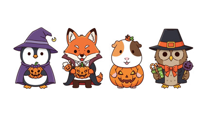 Halloween Animals: Adorable collection of festive cartoon animals in costumes, set against a crisp background, evoking the spooky charm of the season and embracing the spirit of Halloween.
