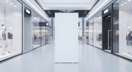 Blank roll up banner stand in modern shopping mall, perfect for advertising, promotion, and marketing campaigns in a retail environment
