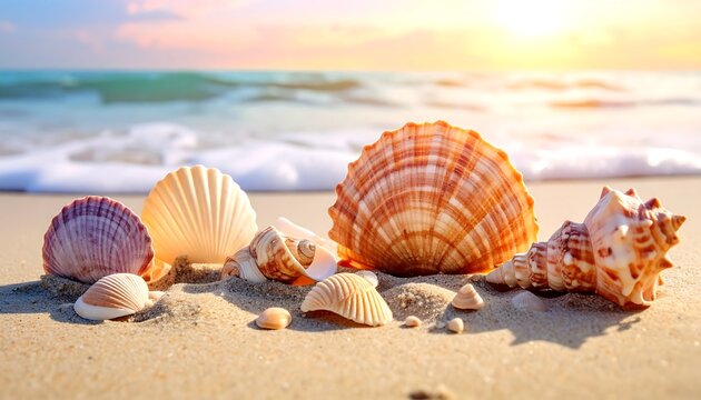 Seashells on sandy beach at sunrise; ocean waves in background