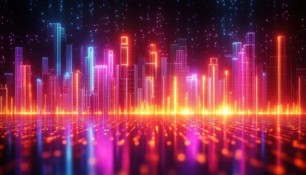 Futuristic neon city skyline with glowing colorful skyscrapers and digital light reflections under a starry sky