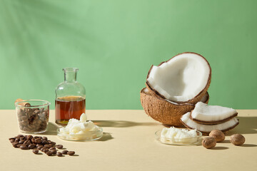 Minimalist setup with coconuts, skincare oil glass, and coffee beans. Perfect for natural beauty campaigns focused on hydration, softness, and skin renewal. Copy space