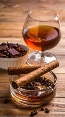 Cognac, cigars, and chocolate on a rustic wooden table