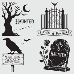 Obraz premium Four Halloween themed and graphic designs with haunted elements tree spooky