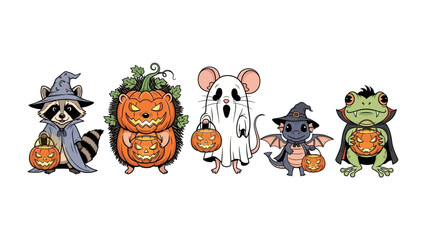 Halloween animal creatures with pumpkins: A collection of Halloween animal characters, each holding a pumpkin and dressed in festive costumes, ready to evoke the spirit of Halloween.