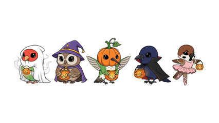 Halloween Creatures: A vibrant ensemble of cute characters, each adorned in festive costumes, stands ready to celebrate a spooky holiday, radiating charm and Halloween spirit.