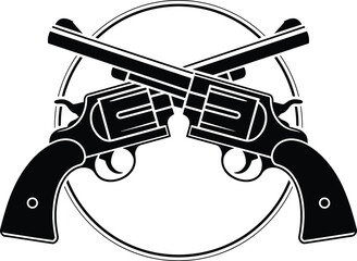 Two crossed revolvers within a circle on a white background guns pistols