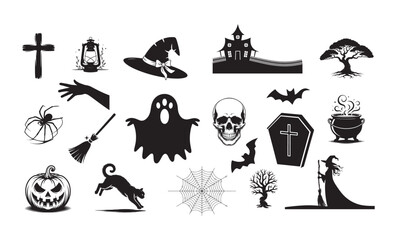 Obraz premium Haunted Halloween Clip art Bundle. Halloween Element Silhouettes. Ghost, Pumpkin, Witch, Skull, Bat and More.