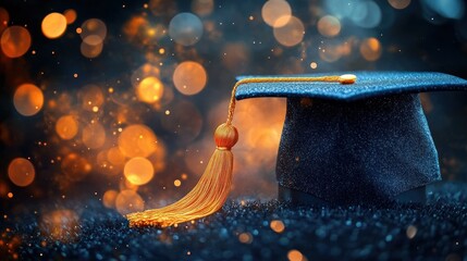 Close-up of a graduation cap with an orange tassel resting on a sparkly surface with blurred warm and cool bokeh lights in the background, evoking a celebratory and hopeful mood