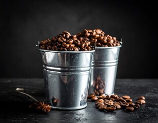 Two metal buckets filled with coffee beans on a dark surface