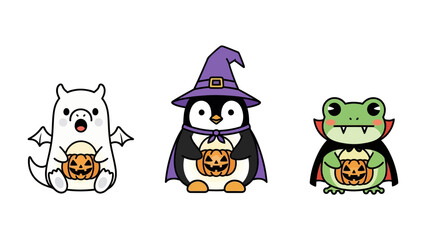 Halloween Creatures' Gathering: Three adorable, cartoonish characters, a friendly dragon, a penguin, and a frog, each dressed in festive attire.