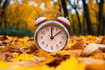 Pink alarm clock showing time 1:02 placed on yellow fallen autumn leaves with blurred trees in the background