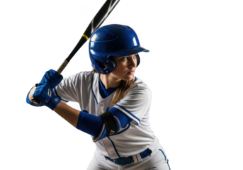 Young baseball player with bat isolated on transparent background