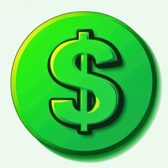 Obraz premium Green circular coin with a prominent dollar sign symbol casting a shadow on a white background, representing money and finance