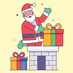 Santa Claus On Chimney Delivering Christmas Gift Boxes