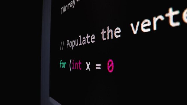 Closeup macro shot movement of coding script moving across LED screen with real-time AI-generated typing, showcasing advanced AI learning in optimization, debug and coding for software development.