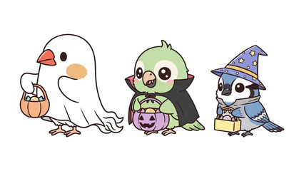 Halloween Bird Parade: Three adorable birds dressed in costumes, embodying the Halloween spirit, walk across the stage in a delightful Halloween celebration