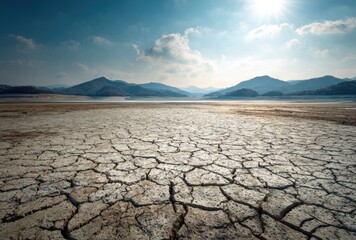 Dried-out lakebed, cracked earth, vast landscape under a clear sky