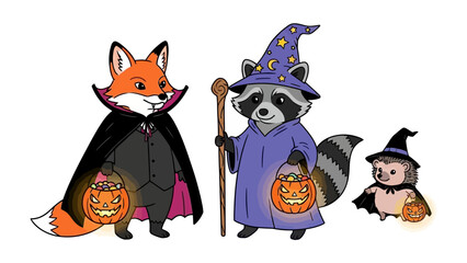 Spooky Friends on Halloween Night: Delightful, cartoonish animal friends in costumes hold pumpkin lanterns, ready to greet trick-or-treaters and celebrate Halloween with their joyful energy.