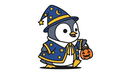 Penguin Wizard: A charming cartoon penguin dons a wizard's hat and robe, carrying a jack-o'-lantern, embodying Halloween cheer and whimsical magic. 