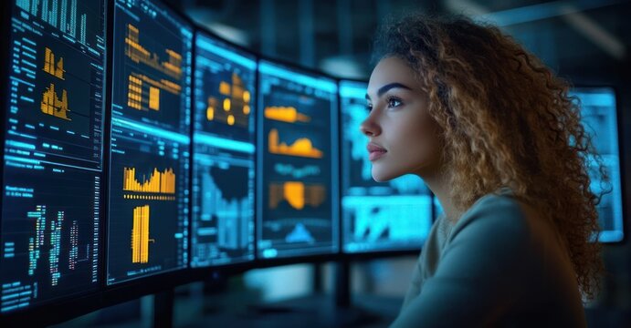 Focused young woman analyzing multiple data charts and graphs on large computer monitors in a dimly lit modern office environment