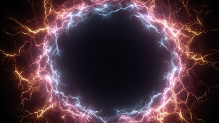 Electrifying portal swirling, colorful energy surrounds a dark, circular void