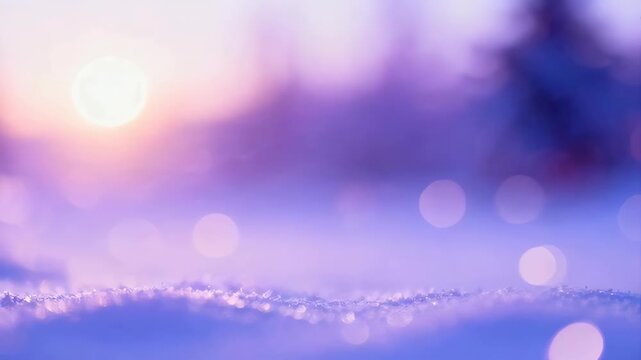Purple Winter Landscape with Sparkling Snow and Bokeh at Sunset