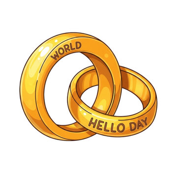Fototapeta Two interlocking golden rings with world and hello day inscriptions isolated on transparent background