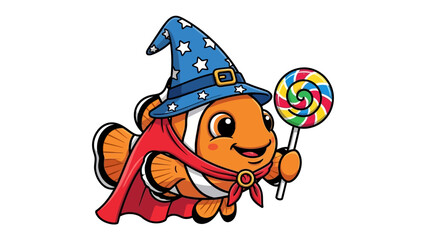Clownfish Wizard's Enchantment: An enchanting clownfish, adorned with a wizard's hat and cape, beams joyfully as it holds a colorful lollipop. Perfect for designs that celebrate imagination. 