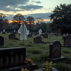 Ghostly Figures in a Sunset Graveyard