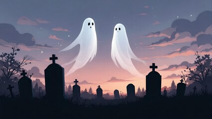 Ghostly Figures in a Sunset Graveyard