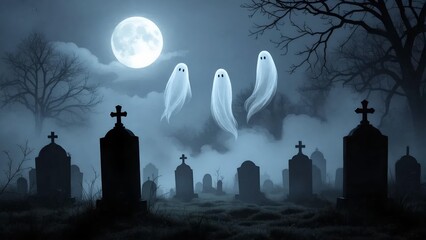 Ghostly Figures in a Sunset Graveyard