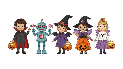 Halloween Costume Parade: A charming illustration captures five children dressed in various Halloween costumes, each holding a pumpkin-shaped treat bag.