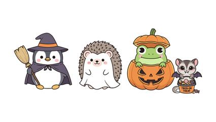 Enchanting Halloween Creatures: Charming cartoon creatures, including a penguin witch, a hedgehog ghost, a frog in a pumpkin, and a bat with a treat, evoke the whimsical spirit of the holiday.
