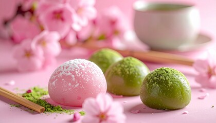 桜の花と共に並ぶ抹茶と苺の大福和菓子スイーツ写真 generative ai &ndash; Matcha and strawberry daifuku Japanese sweets with cherry blossoms generative ai