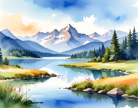 Serene watercolor landscape depicting a tranquil lake reflecting snow-capped mountains and lush greenery
