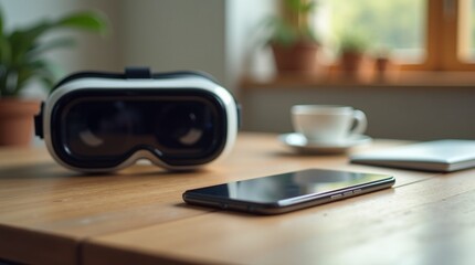  A close-up of a smartphone screen displaying a virtual reality app, with a pair of VR goggles resting on a wooden table, soft daylight creating a futuristic yet cozy vibe.
