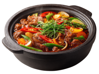 Hearty stew in dark pot, various vegetables and meat