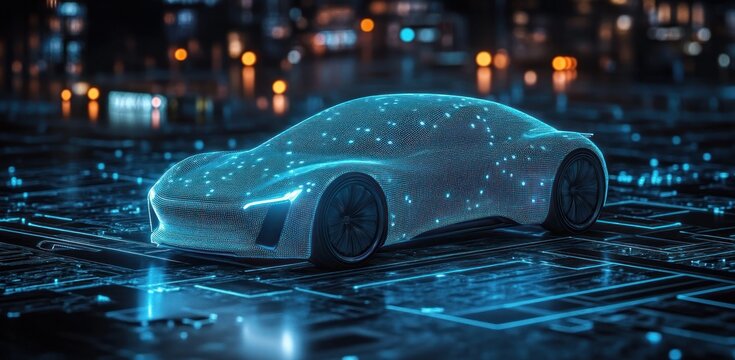 Futuristic digital car composed of glowing blue light dots driving on a high-tech circuit board at night