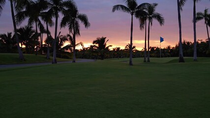 Sunset glow illuminates a serene golf course surrounded by palm trees in a tropical location