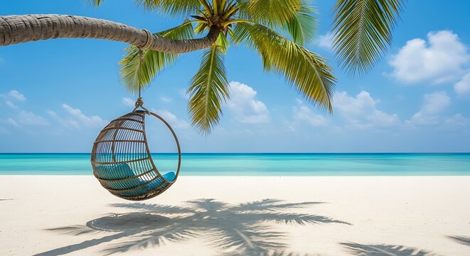 A tranquil beach scene featuring a hanging chair under a palm tree, inviting relaxation and escape to a tropical paradise with turquoise water